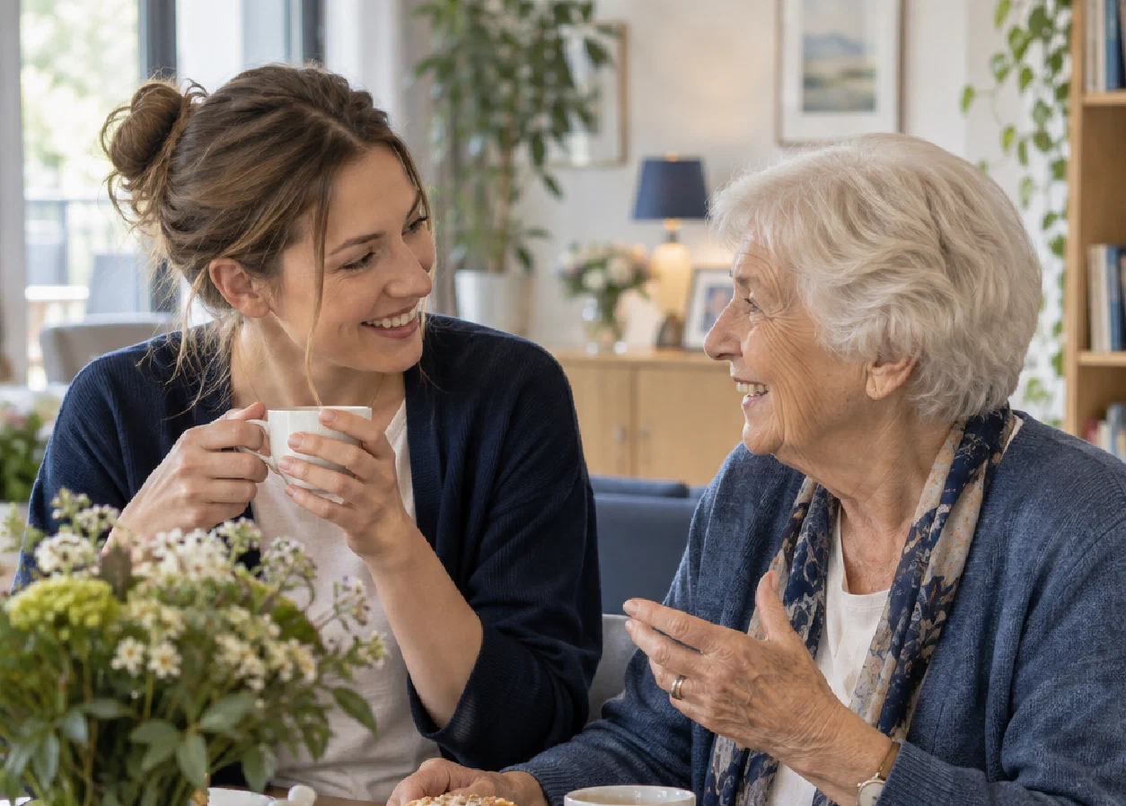 Eine jüngere Frau und eine ältere Frau im persönlichen Gespräch bei einer Tasse Tee